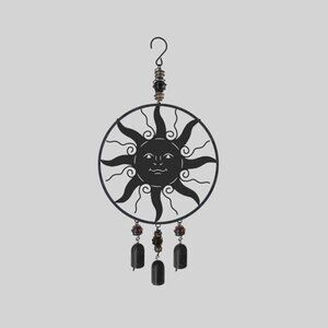 Celestial Sun Wind Chime Black Sheet Metal 8" wide with Three Camel Bells 79467